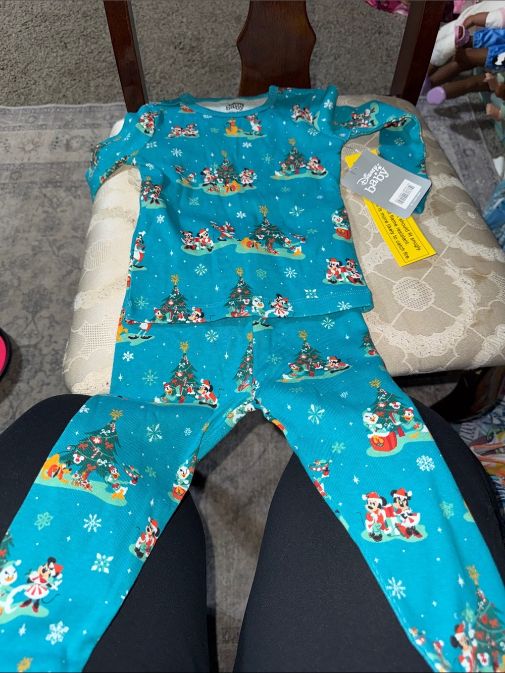 Disney Teal Holiday Kids Pajama Set with Festive Character Print